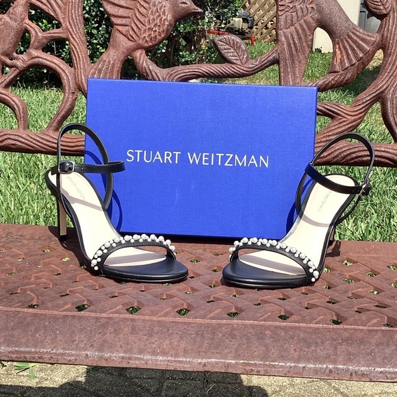 NWT Stuart Weitzman Dancer Black Calfskin Leather Pearl Accents & Ankle Strap - Picture 2 of 8